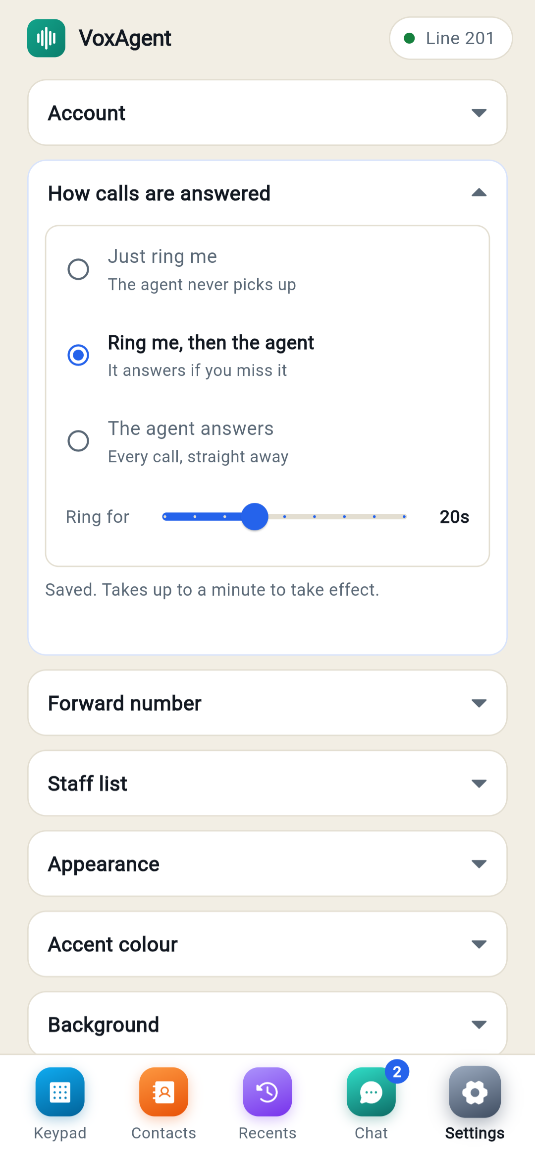 The app setting for how calls are answered, with the ring time slider