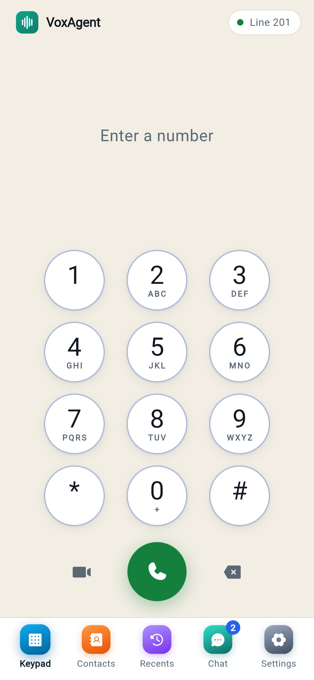 The VoxAgent app keypad, signed in and connected
